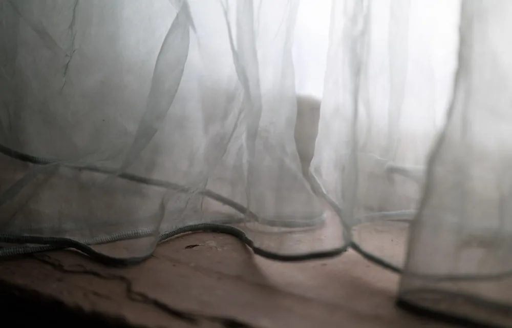 Un voilage translucide devant une fenêtre, dans une lumière douce